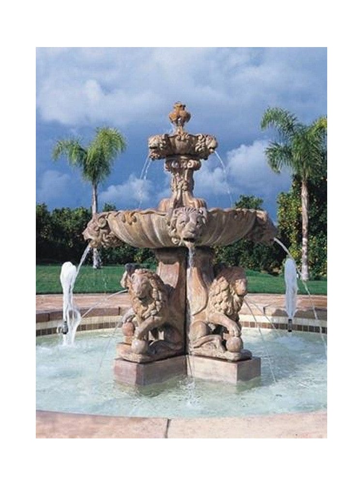Lion  2 Tier Outdoor Fountain with Lion Pedestal and Plumped Bowl - Large - Outdoorartpross