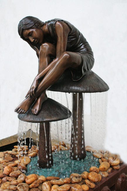 Brass Baron Girl on Mushroom Garden Fountain - Brass Baron - Outdoorartpross