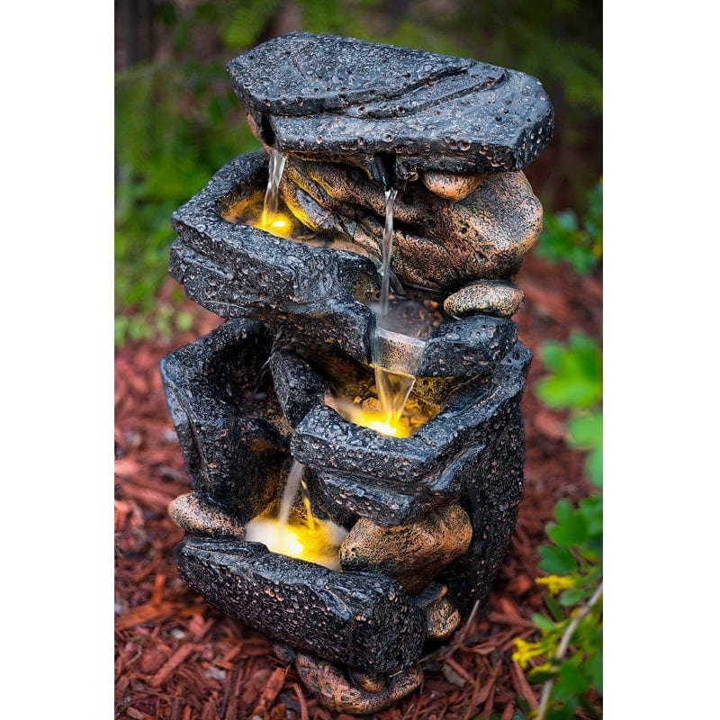 20" Lassen Stone Waterfall Rock Fountain with LED Lights - Outdoorartpross