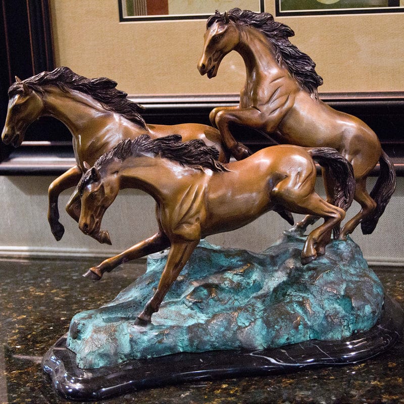 Brass Baron Three Horses Galloping Table Top Statue - Brass Baron - Outdoorartpross
