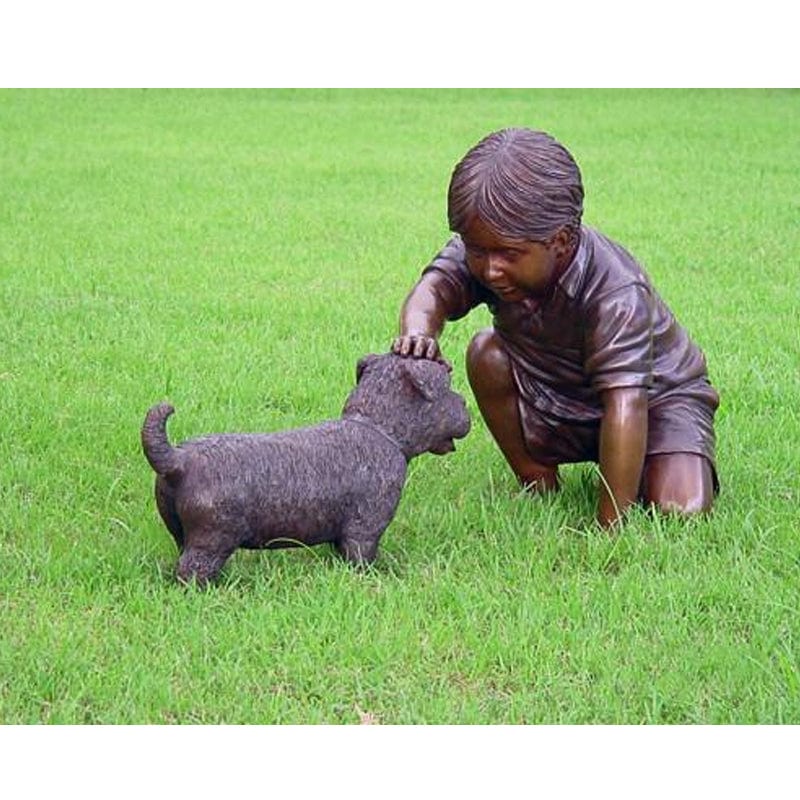 Brass Baron Boy Petting Dog Garden Statue - Brass Baron - Outdoorartpross
