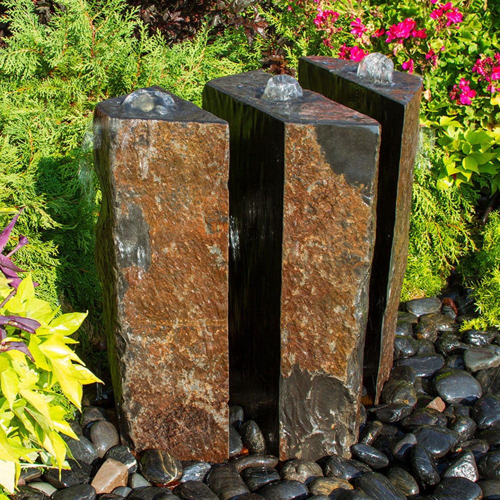 36" Triple Split Polished Basalt Stone Outdoor Fountain - 3 Piece - Outdoorartpross