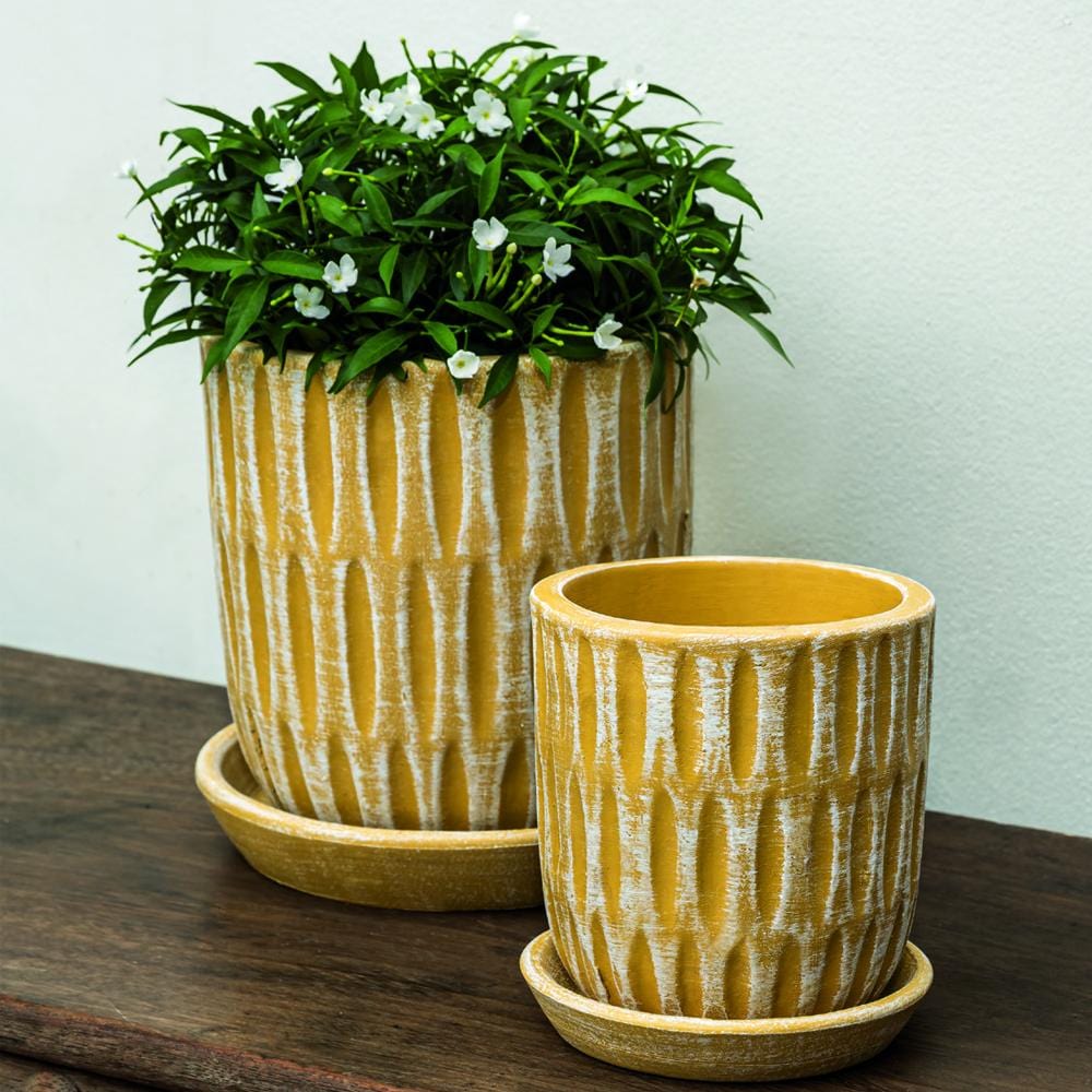 Parabola Set of 8 | Cold Painted Terra Cotta Planter Etched Yellow - Outdoorartpross
