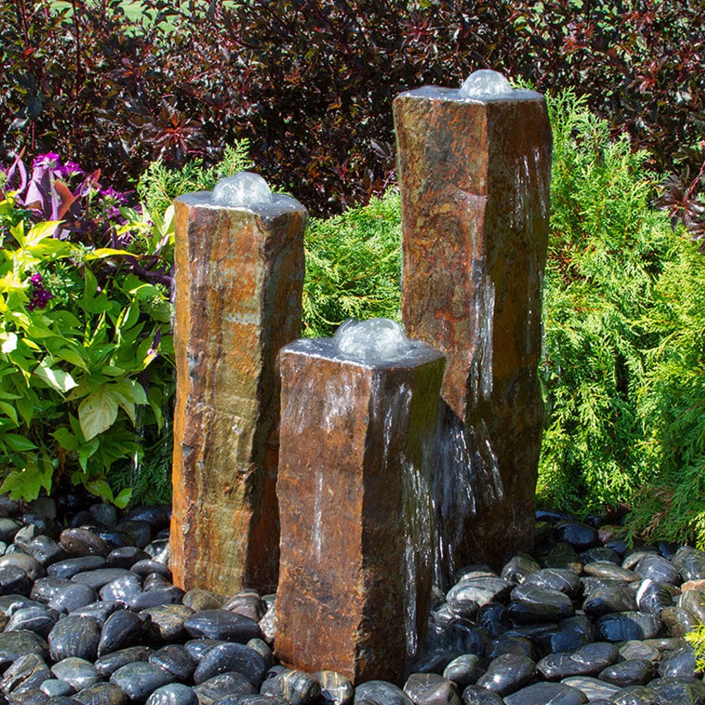 Triple Bowled, Polished Top Basalt Column Outdoor Fountain - Outdoorartpross